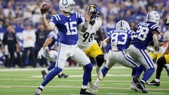 INDIANAPOLIS, INDIANA - SEPTEMBER 29: Joe Flacco (15) of the Indianapolis Colts passes against the Pittsburgh Steelers during the first half at Lucas Oil Stadium on September 29, 2024 in Indianapolis, Indiana.   Andy Lyons/Getty Images/AFP (Photo by ANDY LYONS / GETTY IMAGES NORTH AMERICA / Getty Images via AFP)