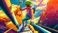 Mujer en una Vía Ferrata en las montañas, con puesta de sol al fondo.