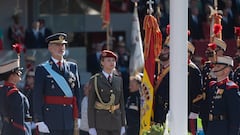 La Princesa de Asturias, Leonor y el Rey Felipe VI durante el desfile del 12 de octubre 'Día de la Fiesta Nacional', en la plaza de Cánovas del Castillo, a 12 de octubre de 2023, en Madrid (España). Los actos comienzan con el izado de la bandera nacional y el homenaje a los que dieron su vida por España, al que siguen los desfiles aéreo y terrestre de distintas unidades en los que participan 4.177 militares. Este año, es el primero en el que una mujer despliega la bandera en paracaídas. El desfile cambia de recorrido y la Tribuna Real pasa a situarse en la Plaza de Neptuno. Además, Leonor de Borbón, inmersa en su formación militar como dama cadete, viste de uniforme tras dos años de ausencia por sus estudios en Gales.
12 OCTUBRE 2023;PRINCESA DE ASTURIAS;REYES;12 DE OCTUBRE;DESFILE
Alberto Ortega / Europa Press
12/10/2023