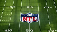 Feb 1, 2022; Inglewood, CA, USA; The NFL shield logo is seen at midfield at SoFi Stadium. Super Bowl LVI between the Los Angeles Rams and the Cincinnati Bengals will be played on Feb. 13, 2022. Mandatory Credit: Kirby Lee-USA TODAY Sports