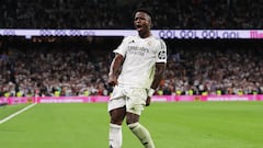 MADRID, SPAIN - OCTOBER 05: Vinicius Junior of Real Madrid celebrates scoring his team's second goal during the LaLiga match between Real Madrid CF and Villarreal CF  at Estadio Santiago Bernabeu on October 05, 2024 in Madrid, Spain. (Photo by Gonzalo Arroyo Moreno/Getty Images)
GOL ALEGRIA
PUBLICADA 06/10/24 NA MA05 5COL