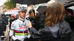 VARESE, ITALY - OCTOBER 08: Tadej Pogacar of Slovenia and Team UAE Team Emirates spoke to the media after the suspension of the race due to adverse weather conditions during the 103rd Tre Valli Varesine 2024 a 168km one day race from Busto Arsizio to Varese 377m / Race shortened due to adverse weather conditions / on October 08, 2024 in Varese, Italy. (Photo by Dario Belingheri/Getty Images)