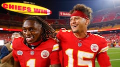 KANSAS CITY, MISSOURI - SEPTEMBER 05: (L-R) Xavier Worthy #1 and Quarterback Patrick Mahomes #15 of the Kansas City Chiefs celebrate their 27-20 win over the Baltimore Ravens at Arrowhead Stadium on September 05, 2024 in Kansas City, Missouri.   David Eulitt/Getty Images/AFP (Photo by David Eulitt / GETTY IMAGES NORTH AMERICA / Getty Images via AFP)