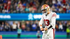 Oct 10, 2024; Seattle, Washington, USA; San Francisco 49ers quarterback Brock Purdy (13) celebrates after throwing a touchdown pass against the Seattle Seahawks during the third quarter at Lumen Field. Mandatory Credit: Joe Nicholson-Imagn Images