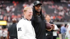 LAS VEGAS, NEVADA - SEPTEMBER 29: Davante Adams #17 of the Las Vegas Raiders and team owner Mark Davis look on before the game against the Cleveland Browns at Allegiant Stadium on September 29, 2024 in Las Vegas, Nevada.   Jeff Bottari/Getty Images/AFP (Photo by Jeff Bottari / GETTY IMAGES NORTH AMERICA / Getty Images via AFP)