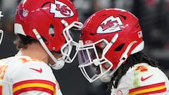 Nov 26, 2023; Paradise, Nevada, USA; Kansas City Chiefs wide receiver Rashee Rice (4) celebrates with quarterback Patrick Mahomes (15) after a touchdown against the Las Vegas Raiders in the second half at Allegiant Stadium. Mandatory Credit: Kirby Lee-USA TODAY Sports