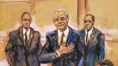 Mexico's former Public Security Minister Genaro Garcia Luna puts his hand on his heart after seeing his family in the audience at the start of his trial on charges that he accepted millions of dollars to protect the powerful Sinaloa Cartel, once run by imprisoned drug lord Joaquin "El Chapo" Guzman, at a courthouse in New York City, U.S., January 23, 2023 in this courtroom sketch. REUTERS/Jane Rosenberg
