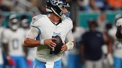 Sep 30, 2024; Miami Gardens, Florida, USA; Tennessee Titans quarterback Mason Rudolph (11) drops back with the ball during the second half against the Miami Dolphins at Hard Rock Stadium. Mandatory Credit: Jasen Vinlove-Imagn Images