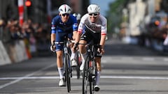 LISSONE, ITALY - OCTOBER 06: Marc Hirschi of Switzerland and UAE Team Emirates celebrates at finish line as race winner during the 77th Coppa Agostoni 2024 a 166.7km one day race from Lissone to Lissone on October 06, 2024 in Lissone, Italy.  (Photo by Dario Belingheri/Getty Images)