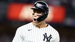 NEW YORK, NEW YORK - SEPTEMBER 13: Aaron Judge #99 of the New York Yankees reacts after a grand slam against the Boston Red Sox during the seventh inning at Yankee Stadium on September 13, 2024 in the Bronx borough of New York City.   Luke Hales/Getty Images/AFP (Photo by Luke Hales / GETTY IMAGES NORTH AMERICA / Getty Images via AFP)