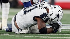 EAST RUTHERFORD, NEW JERSEY - SEPTEMBER 26: Micah Parsons #11 of the Dallas Cowboys reacts on the ground after play the fourth quarter against the New York Giants at MetLife Stadium on September 26, 2024 in East Rutherford, New Jersey.   Luke Hales/Getty Images/AFP (Photo by Luke Hales / GETTY IMAGES NORTH AMERICA / Getty Images via AFP)