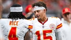 ATLANTA, GA  SEPTEMBER 22:  Kansas City quarterback Patrick Mahomes (15) talks with wide receiver Rashee Rice (4) during the NFL game between the Kansas City Chiefs and the Atlanta Falcons on September 22nd, 2024 at Mercedes-Benz Stadium in Atlanta, GA.  (Photo by Rich von Biberstein/Icon Sportswire via Getty Images)