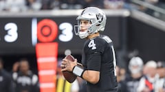LAS VEGAS, NEVADA - DECEMBER 10: Aidan O'Connell #4 of the Las Vegas Raiders looks to throw during the second half of the game against the Minnesota Vikings at Allegiant Stadium on December 10, 2023 in Las Vegas, Nevada.   Ian Maule/Getty Images/AFP (Photo by Ian Maule / GETTY IMAGES NORTH AMERICA / Getty Images via AFP)